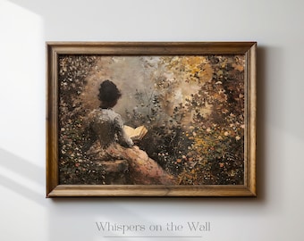 May include: A framed landscape painting in a dark wood frame depicting a person sitting on a stone bench in a garden, reading an open book. The scene features muted earth tones, golden light, and dense foliage. Text below reads Whispers on the Wall.