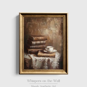 Tea and Books Art Print, Bookish Decor, Vintage Kitchen Wall Art, Tea Lover Gift, Rustic Printable Wall Art, Books and Teacup Artwork