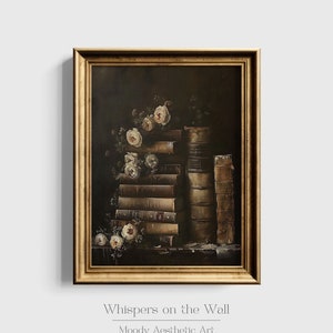 Romantische Academia Wand Kunst Druck, alte Bücher Stillleben druckbare Wandkunst, stimmungsvolle viktorianische Dekoration, dunkle Academia Wandkunst