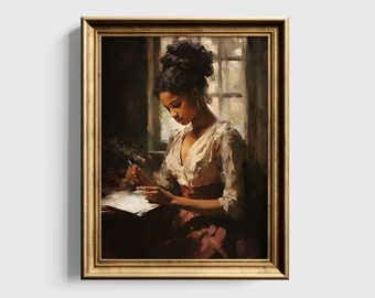 May include: A framed painting of a woman sitting by a window, writing in a book. She is wearing a white blouse with a red sash and a pink skirt. The painting is in a gold frame and has a dark background.