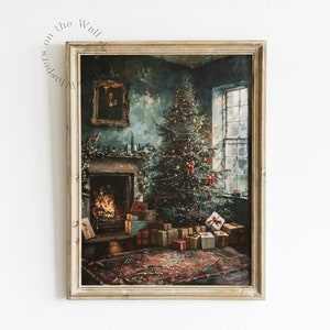 Vintage julgransväggkonst, nostalgisk dekor, stämningsfull julväggtryck, vintermålning, digital konst i Cottagecore, utskrivbar vardagsrumsdekoration bild 1