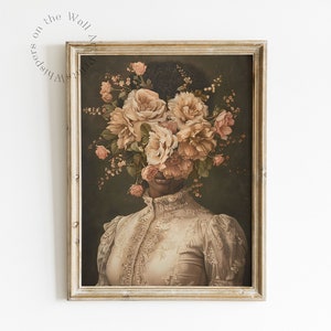 Floral Portrait Painting, Vintage Black Art, Moody Victorian Art, African American Printable Wall Art, Black Woman Wall Art Print