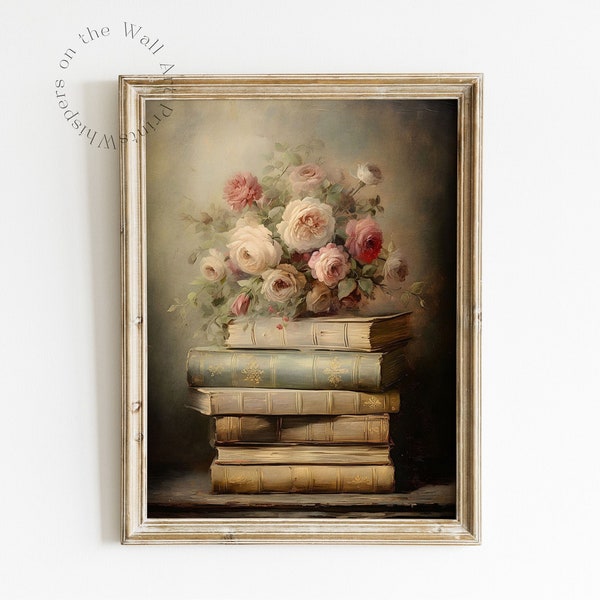 Spring Books Art Print, Moody Dark Academia Print, Book Still Life Printable Wall Art, Floral Bookish Decor