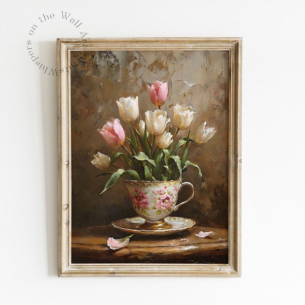 Teacup Tulips Art Print, Spring Printable Wall Art, Cottagecore Decor, Flower Oil Painting, Floral Digital Download Art, Easter Wall Decor