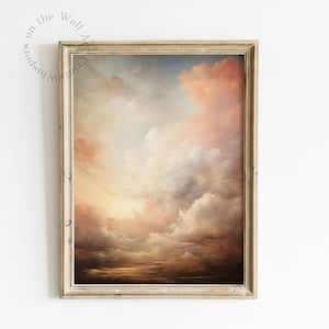Pode incluir: Uma pintura emoldurada de um céu nublado com um pôr do sol à distância. O céu é uma mistura de rosa, laranja e amarelo, com nuvens brancas.