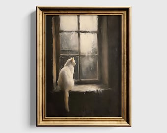 Impression d'art chat, décoration gothique lunatique, art mural imprimable Dark Academia, cadeau pour amoureux des chats, art numérique chat blanc
