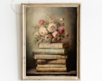 Spring Books Art Print, Moody Dark Academia Print, Book Still Life Printable Wall Art, Floral Bookish Decor