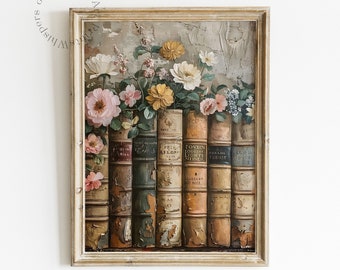 Floral Book Spine Print Antique Books Still Life Printable Wall Art Moody Cottagecore Decor Dark Academia Wall Art
