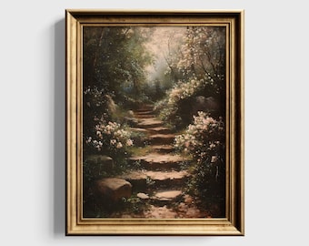 Könnte beinhalten: Ein gerahmtes Gemälde, das einen steinernen Weg zeigt, der durch einen Wald mit rosa Blüten führt. Das Gemälde trägt den Titel "Whispers on the Wall" und wird als "Moody Aesthetic Art" bezeichnet.