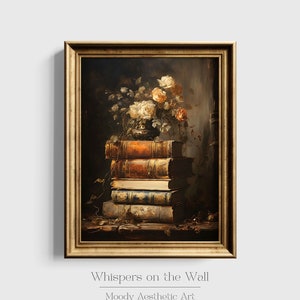 Romantische Academia Wall Art Print, Buch Stillleben druckbare Wandkunst, Moody Bookish Decor
