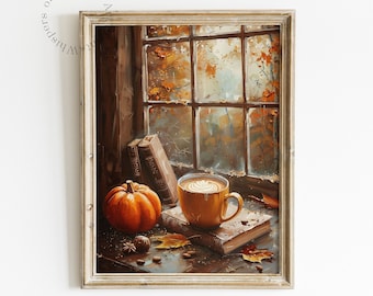 May include: A framed painting of a cozy autumn scene with a window overlooking a forest, a pumpkin, a cup of coffee, and books on a table.