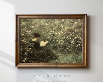 Woman Reading Art Print, Moody Spring Art, Victorian Home Decor, Book Lover Gift, Light Academia Painting