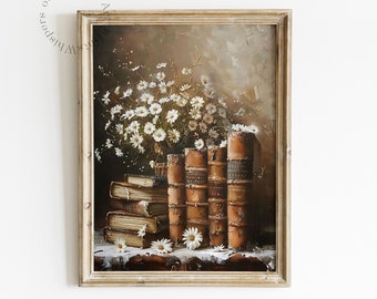Daisy Leather Bound Books Art Print Antique Books Still Life Printable Wall Art Victorian Decor Dark Academia Wall Art Moody Summer Decor