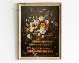 Floral Leather Bound Books Art Print Victorian Decor Dark Academia Wall Art Moody Manor Decor