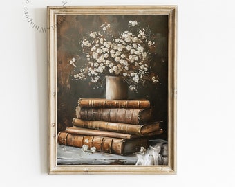 Antique Leather Bound Book Stack Print Old Books Still Life Printable Wall Art Moody Victorian Decor Dark Academia Wall Art Summer Decor