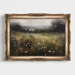 Wildflower Landscape Oil Painting, French Country Wall Art Print, Moody Digital Download, Botanical Home Decor, Floral Wall Art #013