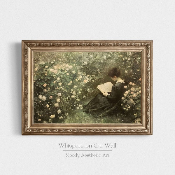 Reading in the Rose Garden Print, Moody Spring Decor, Woman Reading Art Print, Victorian Decor, Book Lover Gift, Light Academia Painting