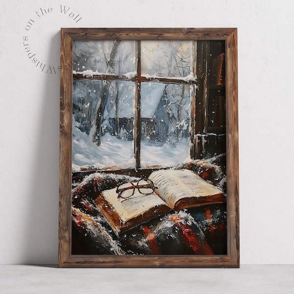 Bookish Wall Art, Cozy Winter Digital Print, Moody Light Academia Painting, Cottagecore Decor, Book Lover Gift, Cottage Core Printable Art