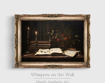 Dark Academia Art Print, Book Still Life Printable Wall Art, Moody Bookish Decor