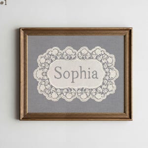 May include: A framed art print featuring the name Sophia in gray serif font centered on a cream-colored background. The name is surrounded by an intricate white lace doily pattern with floral details, all set against a solid gray backdrop.
