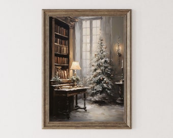 Może przedstawiać: Oprawiony wydruk artystyczny zatytułowany Whispers on the Wall przedstawiający wnętrze biblioteki z wysokim regałem na książki, biurkiem z lampą oraz udekorowaną choinką przy oknie. Rama ma metaliczny kolor brązu.