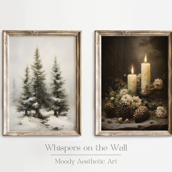 Moody Christmas Gallery Wall Prints Set Winter Holiday Decor Vintage Christmas Print Set of 2 Dark Cottagecore Digital Art Prints Xmas Decor