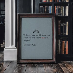 Love Quote Wall Art Print, Couples Gift, Romantic Gothic Decor, Minimalist Printable Art, Poetry Digital Download, Bird Art Print image 2