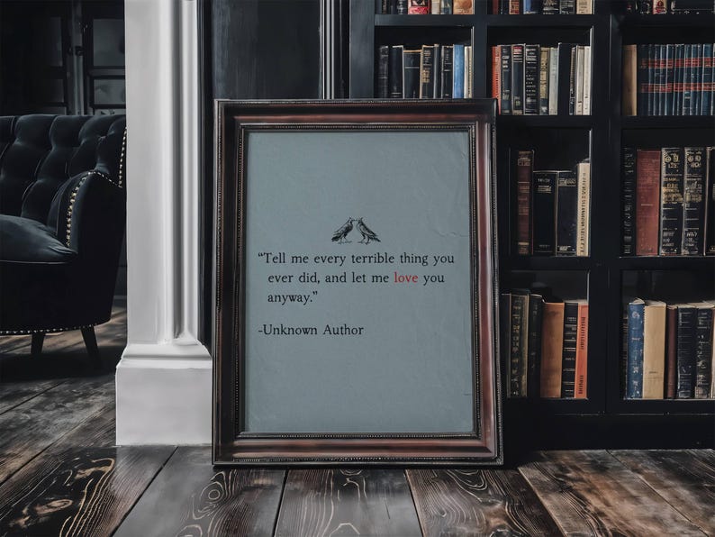 Love Quote Wall Art Print, Couples Gift, Romantic Gothic Decor, Minimalist Printable Art, Poetry Digital Download, Bird Art Print image 2