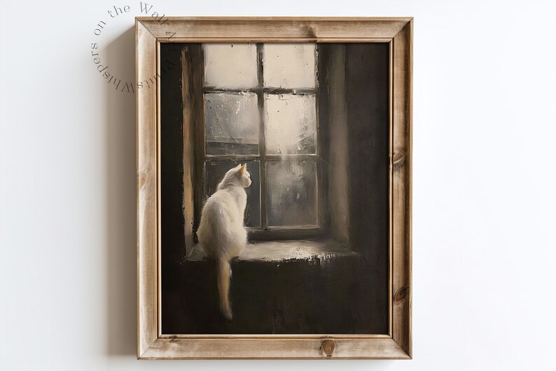 May include: A framed painting of a white cat sitting on a windowsill, looking out a window with rain falling outside. The cat is facing to the right and has a long tail.