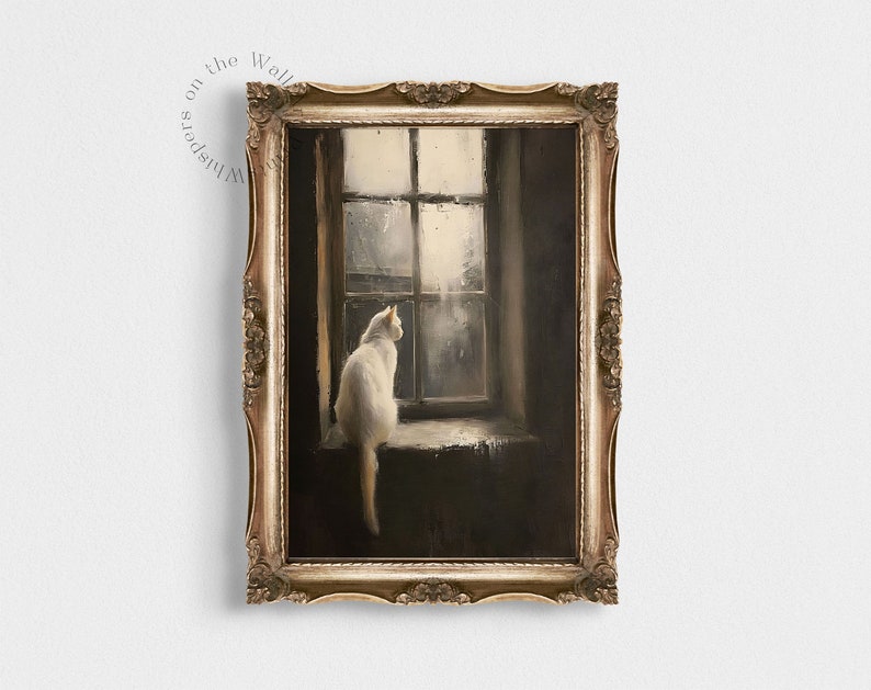 May include: A framed painting of a white cat sitting on a windowsill, looking out a window with rain falling outside. The window is framed in white and the cat is looking out at the rain.