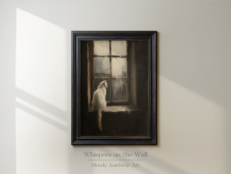 May include: A white cat sits on a windowsill looking out at a rainy day. The painting is framed in black and titled "Whispers on the Wall" with the words "Moody Aesthetic Art" below the title.