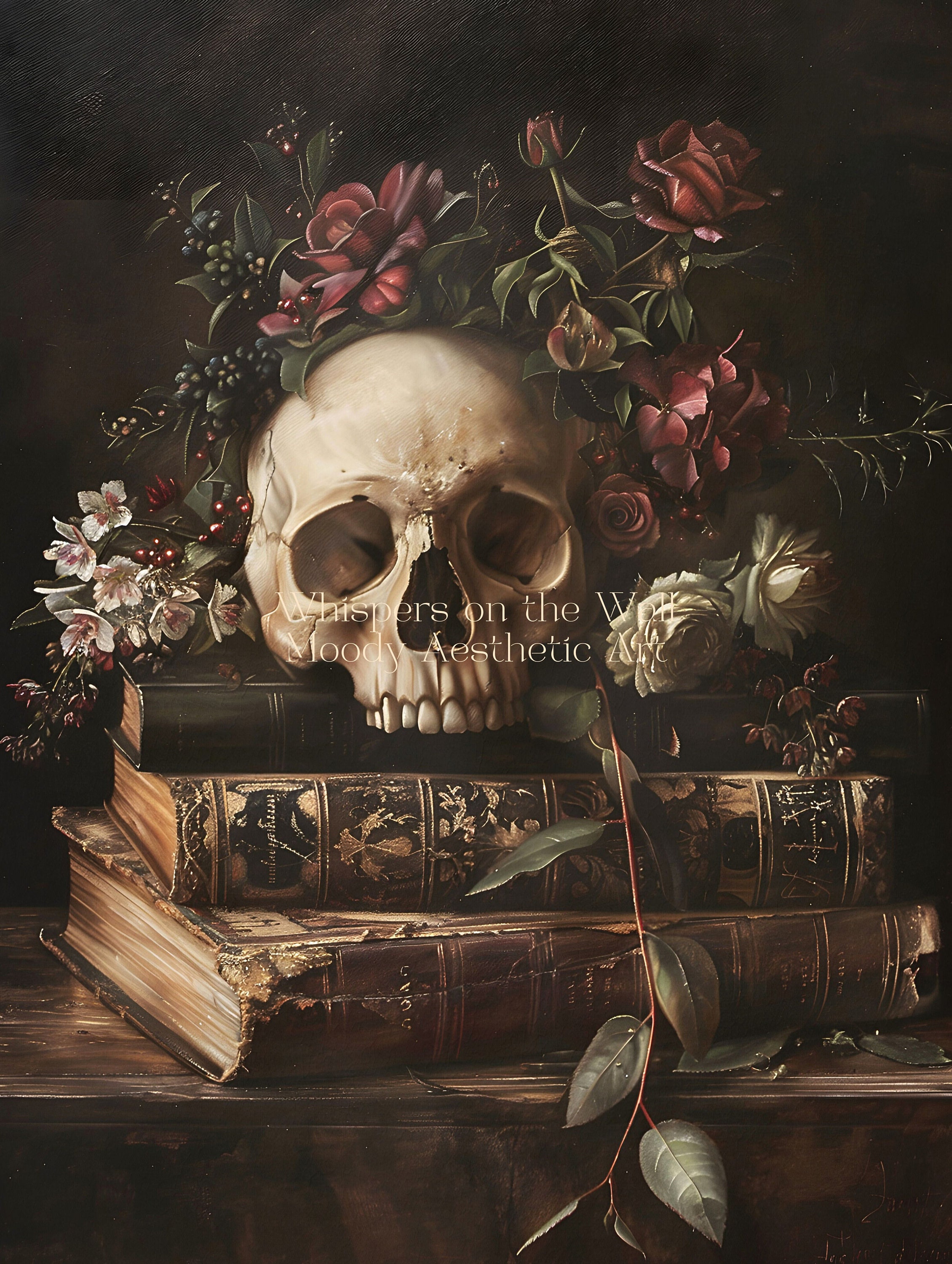 Skull Book Stack Art Print, Dark Academia Decor, Book Still Life 