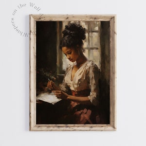 Peut inclure: Une peinture d'une femme v&ecirc;tue d'une robe blanche et d'une ceinture rouge, assise &agrave; une table et &eacute;crivant dans un livre. La femme a la peau fonc&eacute;e et les cheveux noirs, et elle regarde le livre. La peinture est situ&eacute;e dans une pi&egrave;ce avec une fen&ecirc;tre en arri&egrave;re-plan.