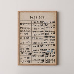 K&ouml;nnte beinhalten: Ein gerahmter Druck mit Vintage-&Auml;sthetik, der eine Liste von Daten und den Text "DATE DUE" zeigt. Die Daten reichen von 1978 bis 2000.