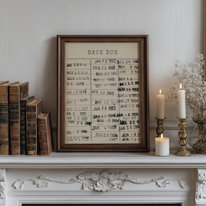 K&ouml;nnte beinhalten: Ein gerahmter Druck mit einem Vintage-Kalenderdesign. Der Kalender listet Daten von 1978 bis 2000 mit den Worten "Date Due" oben auf.