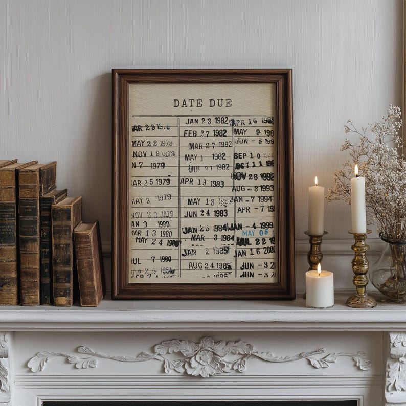 K&ouml;nnte beinhalten: Ein gerahmter Druck mit einem Vintage-Kalenderdesign. Der Kalender listet Daten von 1978 bis 2000 mit den Worten "Date Due" oben auf.