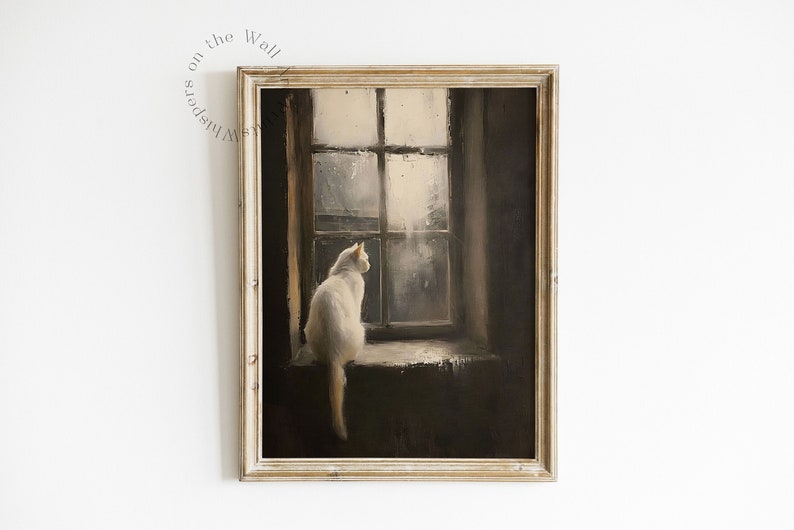 May include: A framed painting of a white cat sitting on a windowsill, looking out a window. The cat is facing to the right and the window is behind it. The painting is in a rustic wooden frame.