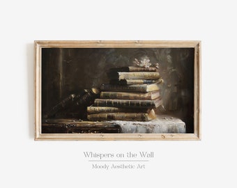 Peut inclure: Une peinture encadrée représentant une nature morte avec une pile de vieux livres, une seule fleur blanche et un fond sombre. Le titre "Whispers on the Wall" est écrit sous le cadre.