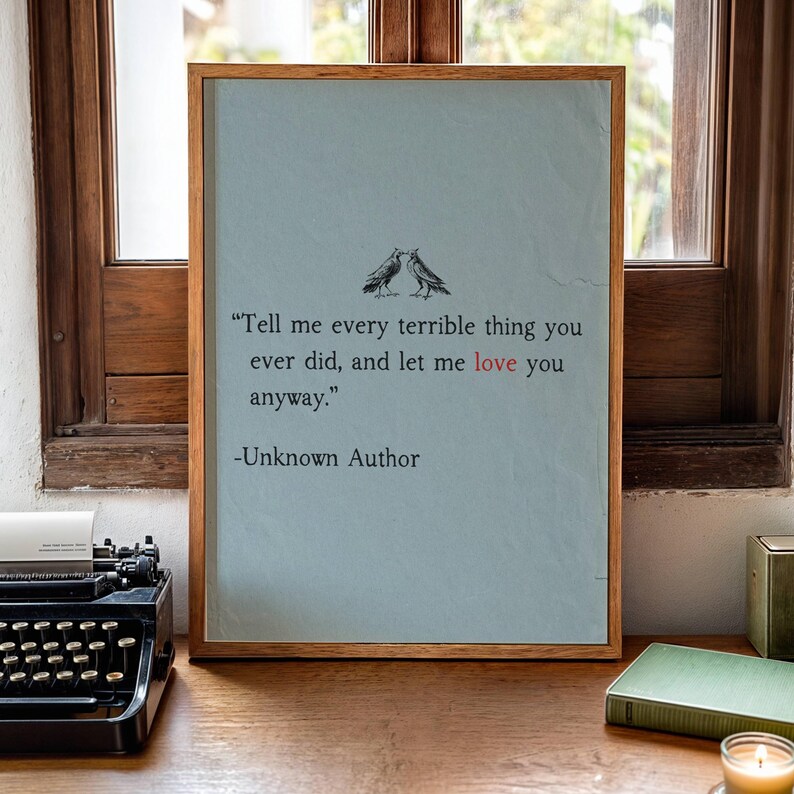 Love Quote Wall Art Print, Couples Gift, Romantic Gothic Decor, Minimalist Printable Art, Poetry Digital Download, Bird Art Print image 7