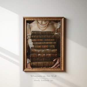 May include: A framed painting of a woman with a stack of antique books covering her torso. The woman is wearing a white dress and a pearl necklace. The painting is set against a white wall with a shadow from a window.