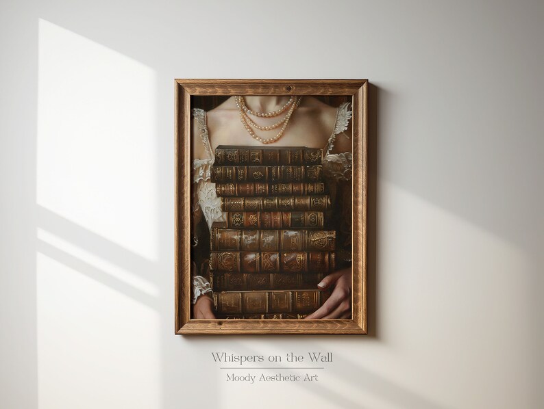 May include: A framed painting of a woman with a stack of antique books covering her torso. The woman is wearing a white dress and a pearl necklace. The painting is set against a white wall with a shadow from a window.