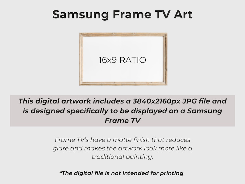 以下が含まれることがあります： Samsung Frame TV用のデジタルアート。画像には、白い内側と「16x9 RATIO」のテキストが入った長方形のフレームが表示されています。「Samsung Frame TV Art」のテキストが上部にあります。このアートワークはSamsung Frame TV用に設計されています。
