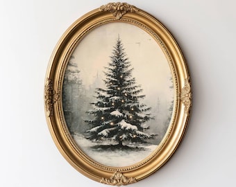 Puede incluir: Una impresión enmarcada de una escena de invierno nevada con un árbol de Navidad decorado con luces. El marco es ovalado y dorado.