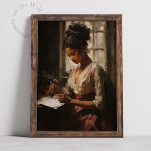 Peut inclure: Une peinture d'une femme en blouse blanche et ceinture rouge, assise pr&egrave;s d'une fen&ecirc;tre et &eacute;crivant dans un livre. La femme a les cheveux noirs et les yeux bruns. La peinture est encadr&eacute;e dans un cadre en bois fonc&eacute;.
