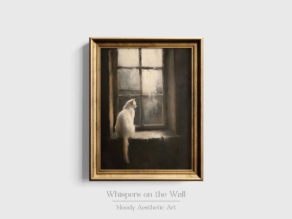 Cat Art Print, Moody Gothic Decor, Dark Academia Printable Wall Art, Cat Lover Gift, White Cat Digital Art