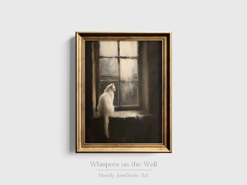 May include: A painting of a white cat sitting on a windowsill, looking out a window with rain falling outside. The painting is framed in a gold frame and has the title "Whispers on the Wall" and the text "Moody Aesthetic Art" below the title.