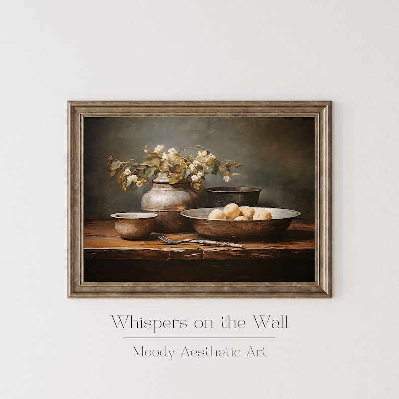 May include: A still life painting of a rustic wooden table with a silver jug, bowls, and a fork. The jug is filled with white flowers and the bowls contain potatoes. The painting has a moody aesthetic and is titled "Whispers on the Wall".