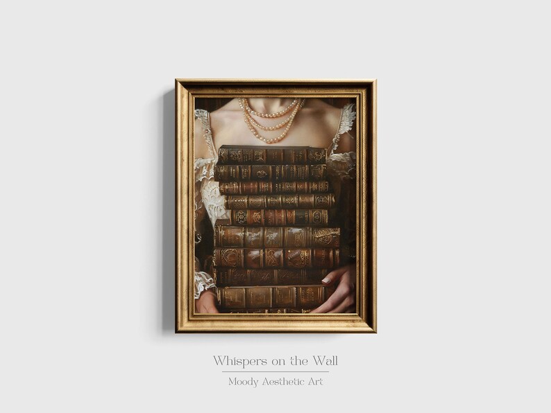 May include: A framed painting depicting a woman holding a stack of antique books against her chest. The books are bound in brown leather with gold lettering. The woman is wearing a white lace dress and a pearl necklace. The painting is titled "Whispers on the Wall" and is described as "Moody Aesthetic Art".