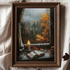 Herbst druckbare Wandkunst, gemütliche Leseratte, Herbst Ölgemälde, dunkle Cottagecore digitale Kunst, launischen Kunstdruck, dunklen Academia Druck
