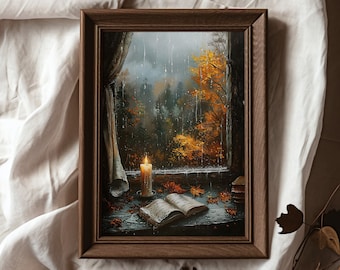 May include: A framed painting depicting a window view with a lit candle and an open book on a table. The window shows a rainy forest scene with autumn foliage in shades of yellow, orange, and brown.